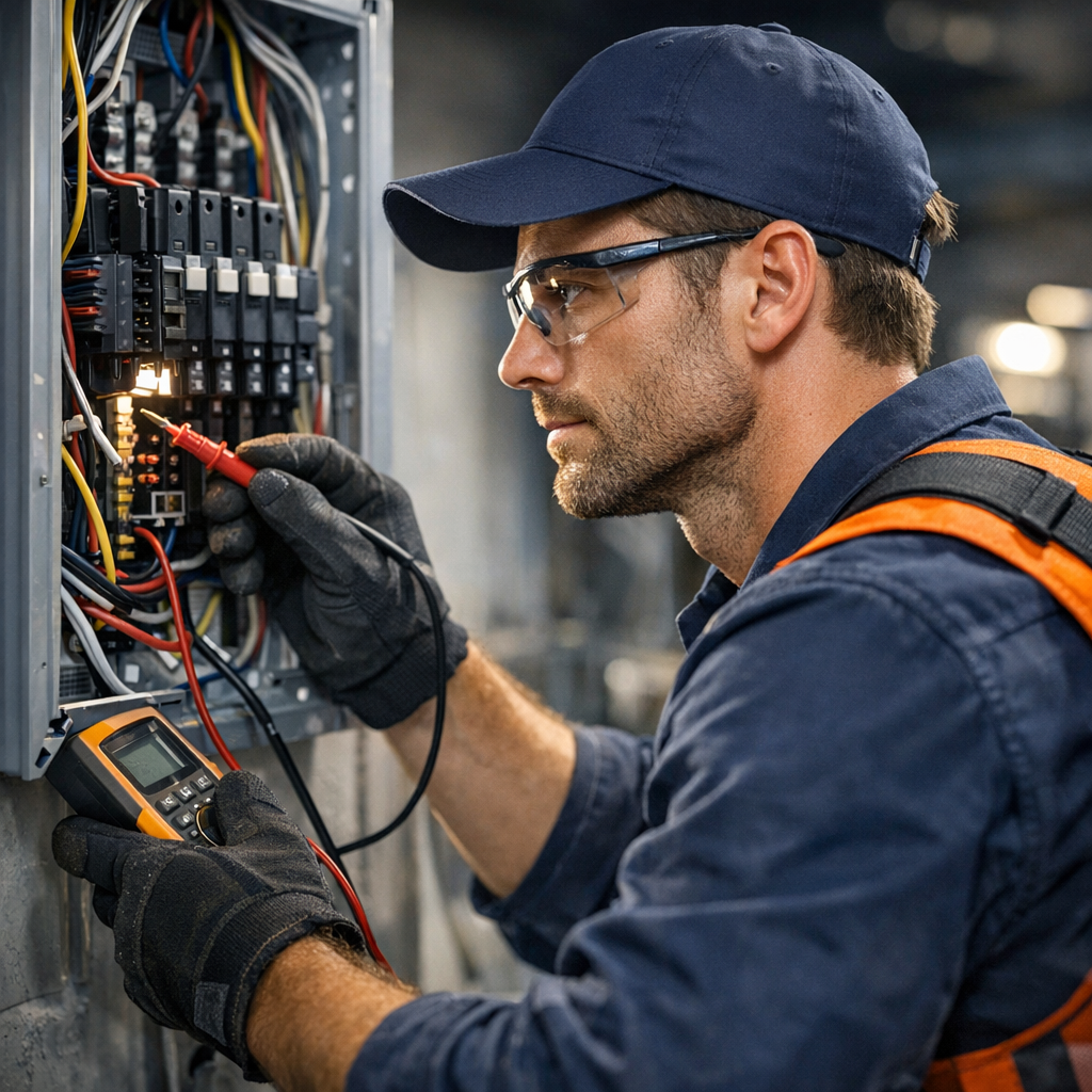 Electrical services affiliate program dashboard with charts and a technician working, representing earning commissions.