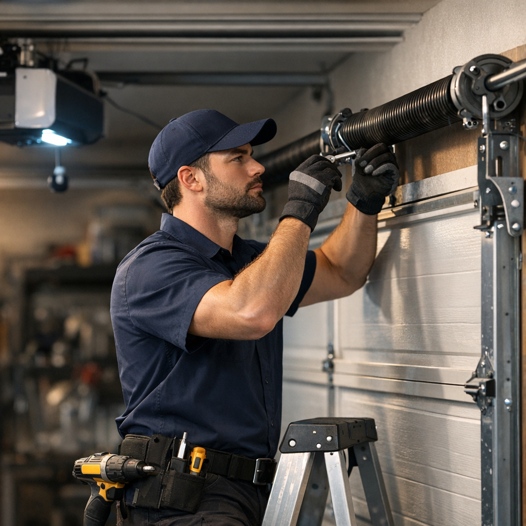 Image of a modern garage door with a 'Paid' stamp, symbolizing successful referrals in the garage door affiliate program.