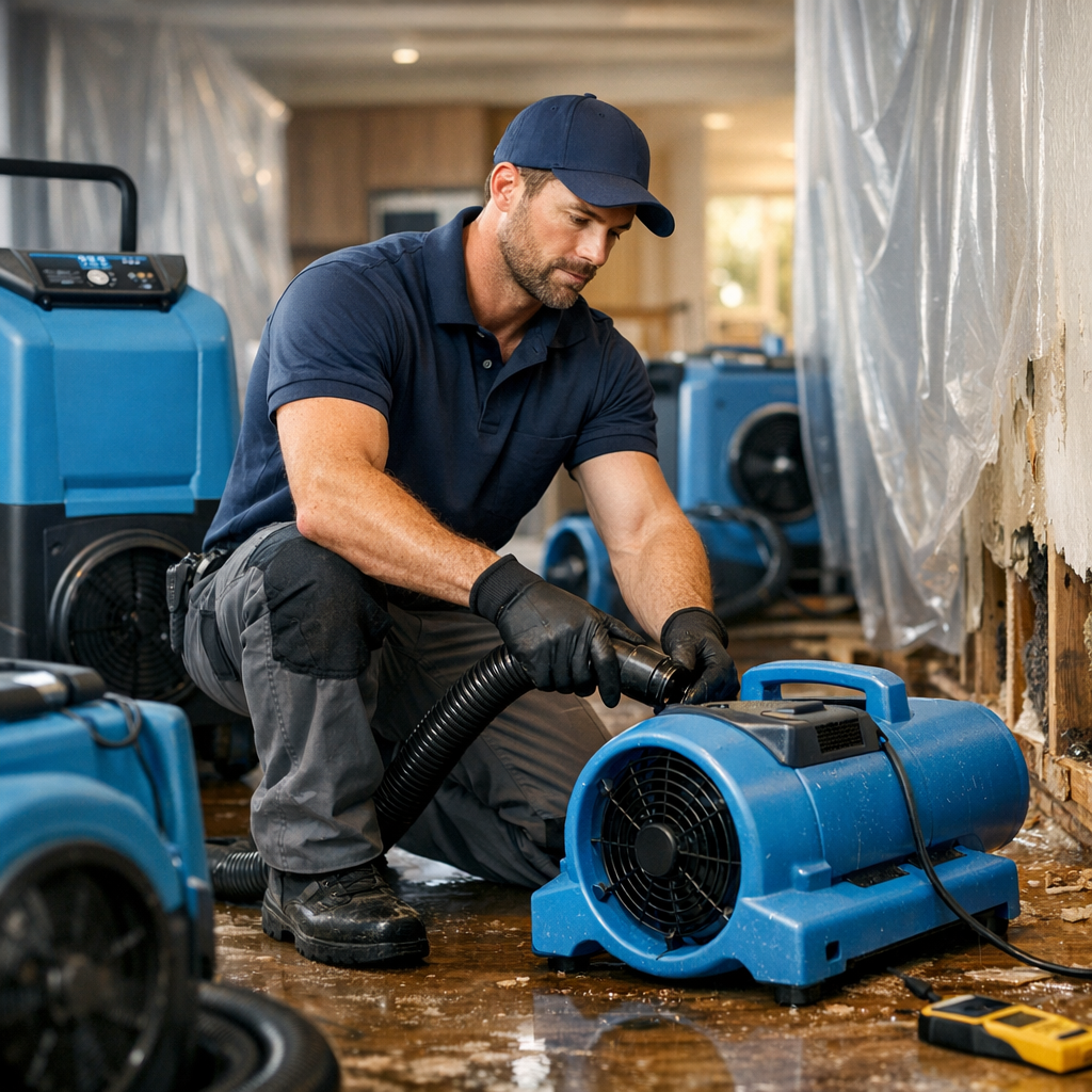 Water Damage Restoration Affiliate Program signup page showing a flooded home being restored.